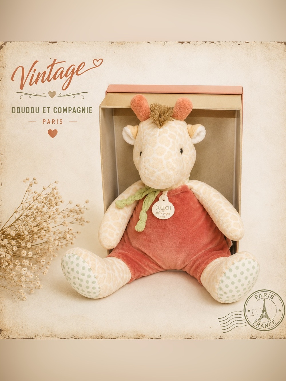 Soft Giraffe Plush in Cream & Rust with Green Scarf - Kids Stuffed Animal
